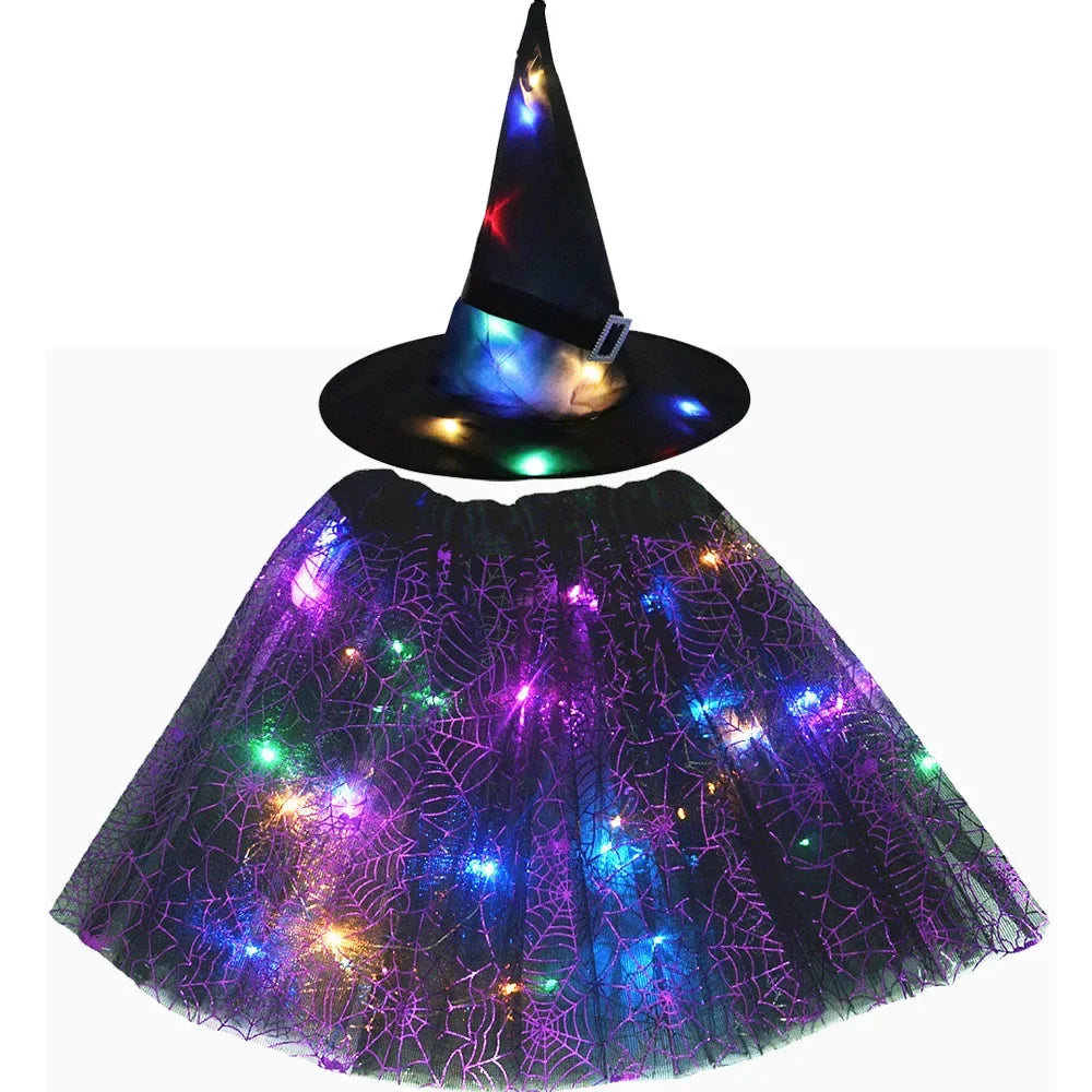 Women Kids Girl Luminous LED Glow Light Up Elf Witch Hat Star Skirt Spider Web Tutu Wizard Costume Party Gift Halloween Festival - Seprincess