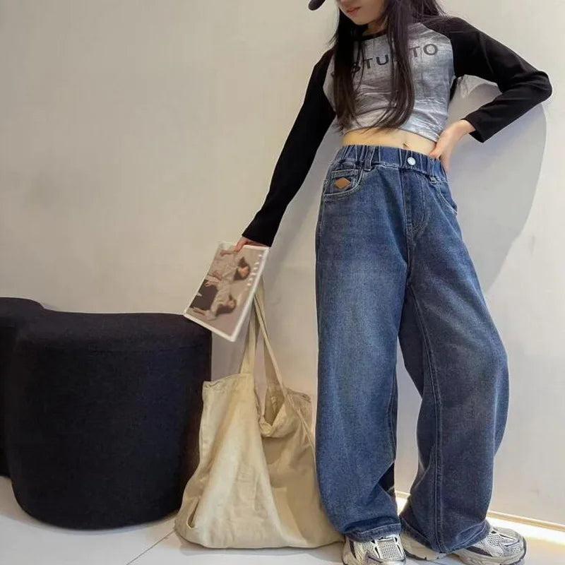 Spring Autumn Teenager Girls Denim Pants Children Trousers New Fashion Solid Color Girls Wide Leg Jeans 4-14 Years Kids Clothes