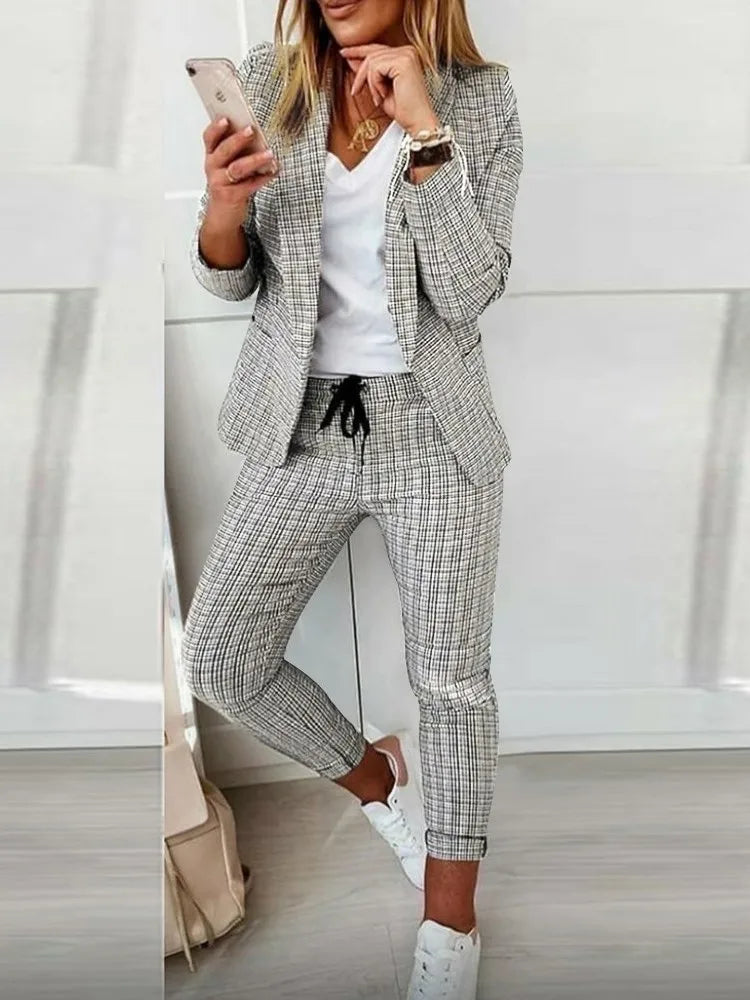 New Autumn Winter Plaid Printing Two Piece Sets Women Casual Notched Collar Blazer & Pants Set Outfits Fashion Elegant Suit Sets - Seprincess