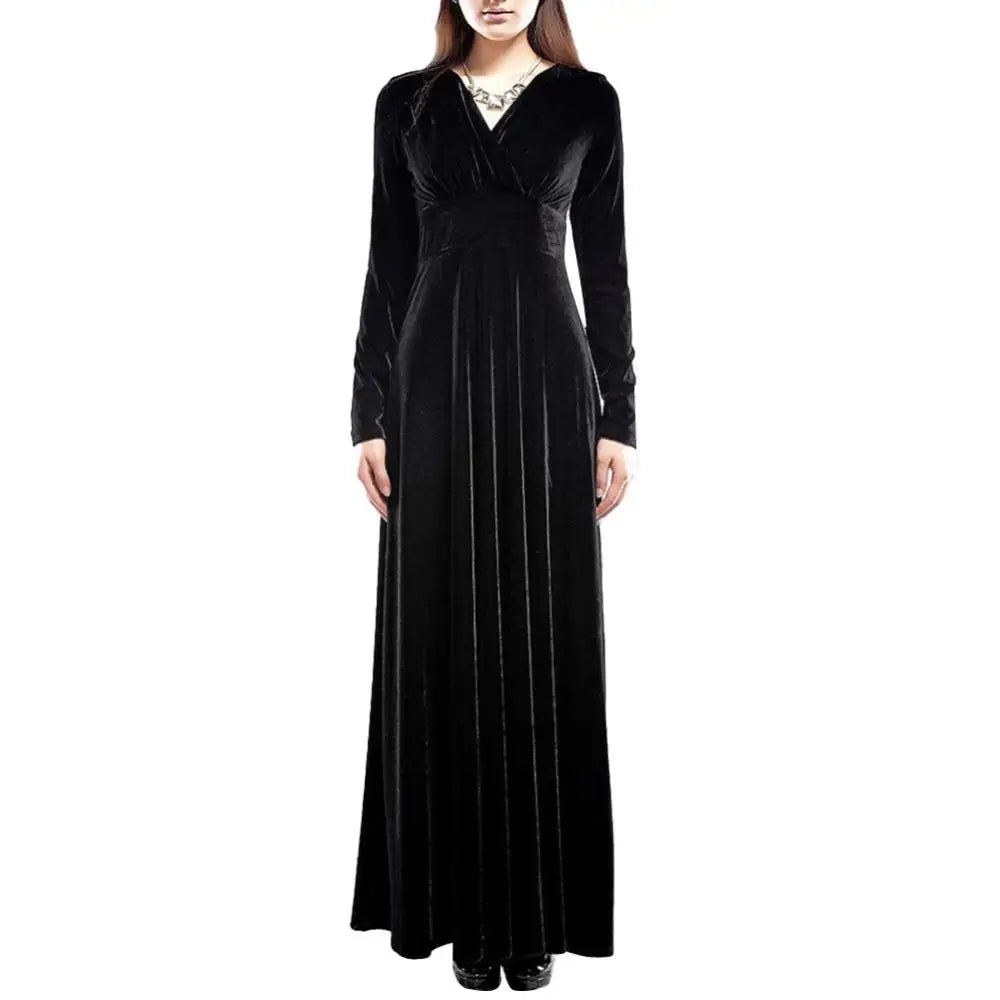 Vintage Women Autumn Long Sleeve V Neck Pleated Velvet Banquet Party Maxi Dress Party Wedding Elegant Evening dress? - Seprincess