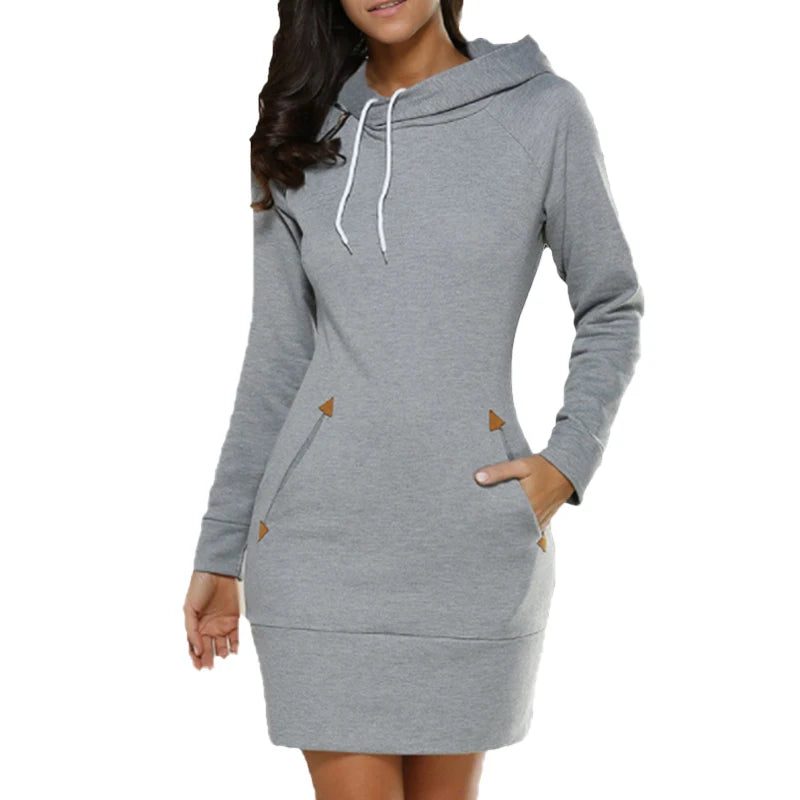 Fashion Sweatshirt Dresses for Women Pocket Hooded Casual Dress Solid Color Long Sleeve Mini Dress - Seprincess