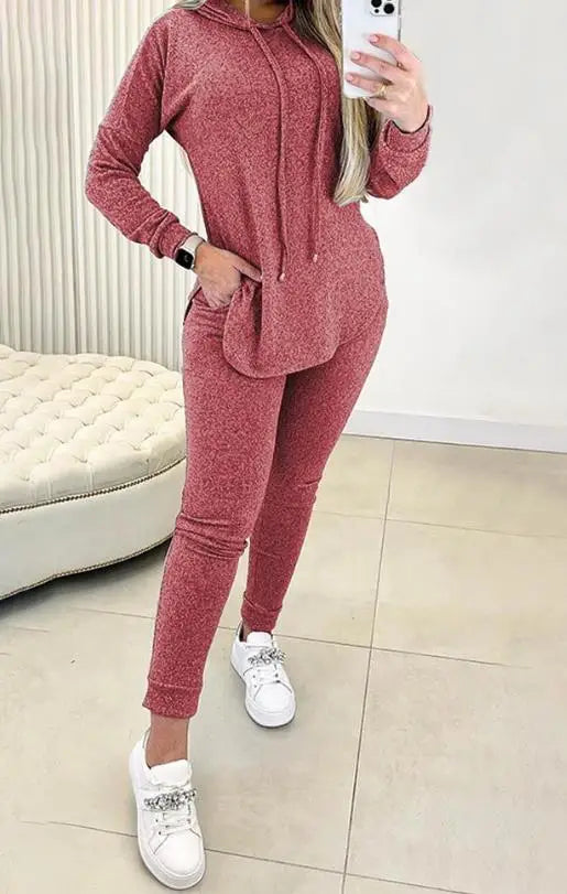 2 Piece Set Women Outfit 2024 Spring Fashion Hem Slit Long Sleeve Hooded Sweatshirt & Casual Pocket Design High Waist Pants Set - Seprincess