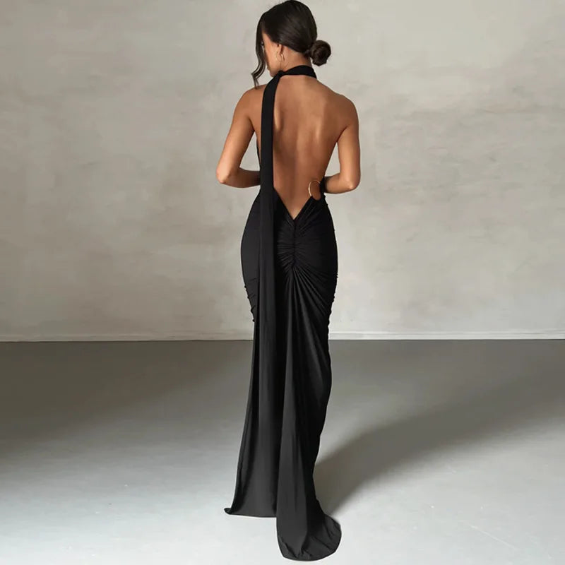 Womens Elegant Evening Party Cocktail Long Dress Sexy Backless Open Back Ruched Slim Bodycon Formal Wedding Guest Maxi Dress