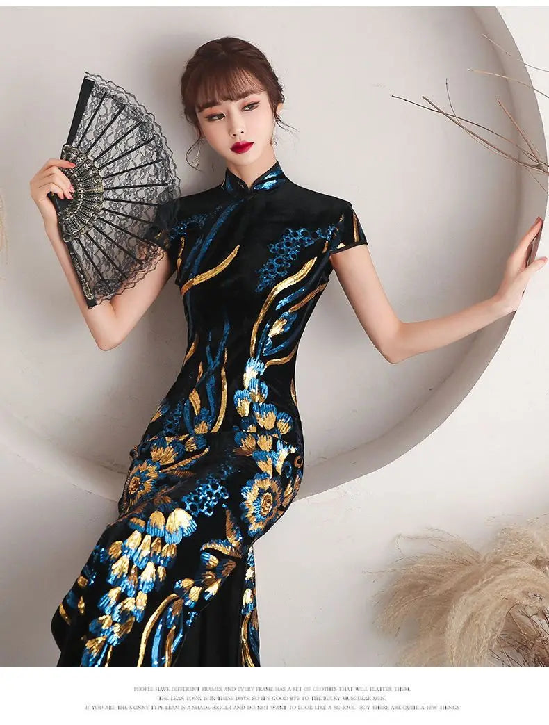 2024 temperament banquet formal dress gold graceful gorgeous thread embroidery qipao dress new retro improved chinese cheongsam - Seprincess