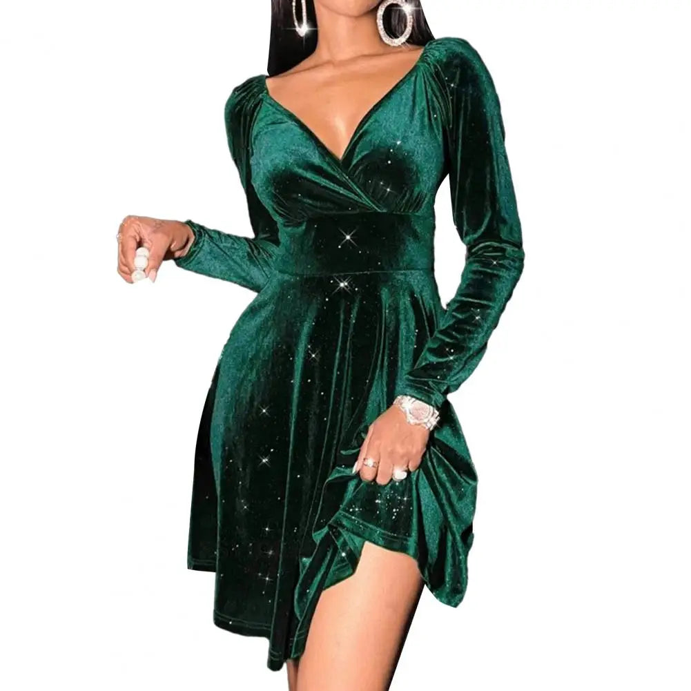 Elegant Sexy Dress Elegant V-neck Velvet Party Dresses for Women A-line Christmas Gown Long Sleeve High Waist Mini Dress - Seprincess