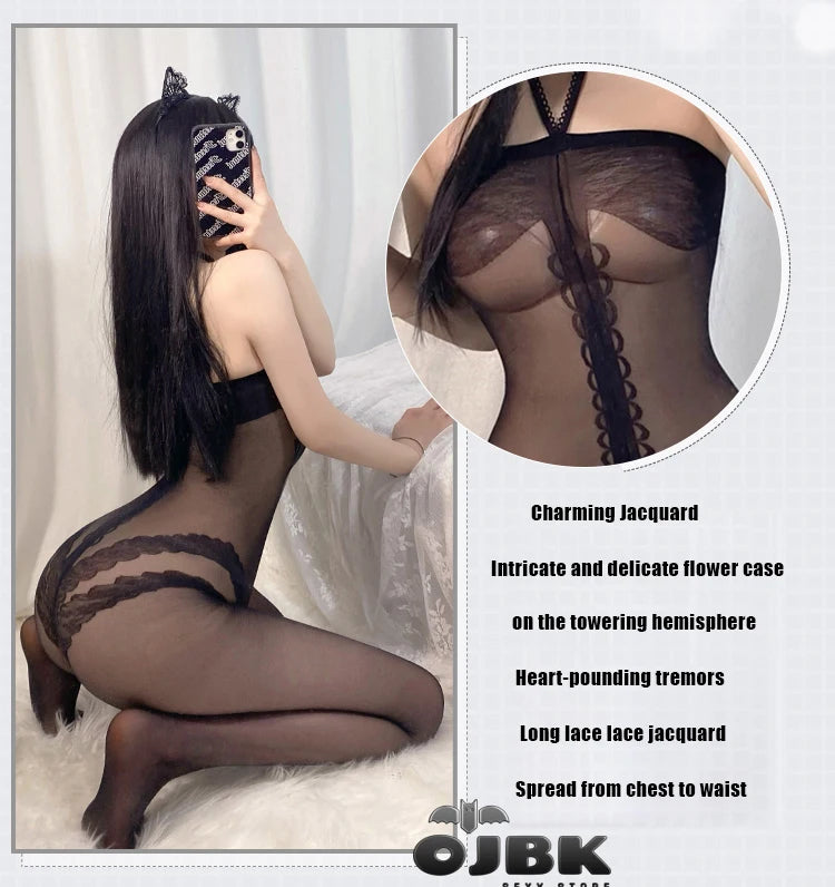 OJBK Women's Mesh Lingerie Teddy Bodysuits Tights Crotchless Nightwear Lace Halter Stockings Fishnet Chemise Jumpsuit Plus Size