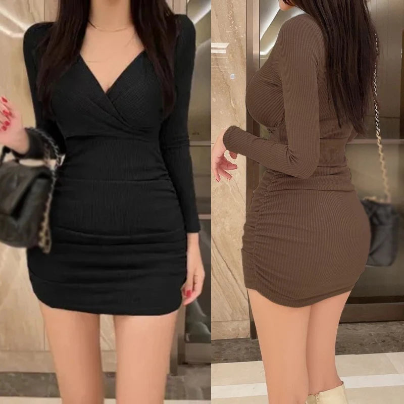 Long Sleeved Sexy Dress Women Clothing Autumn Winter Tight Fitting Skirt Appear Thin Wrap Buttocks Dresses - Seprincess