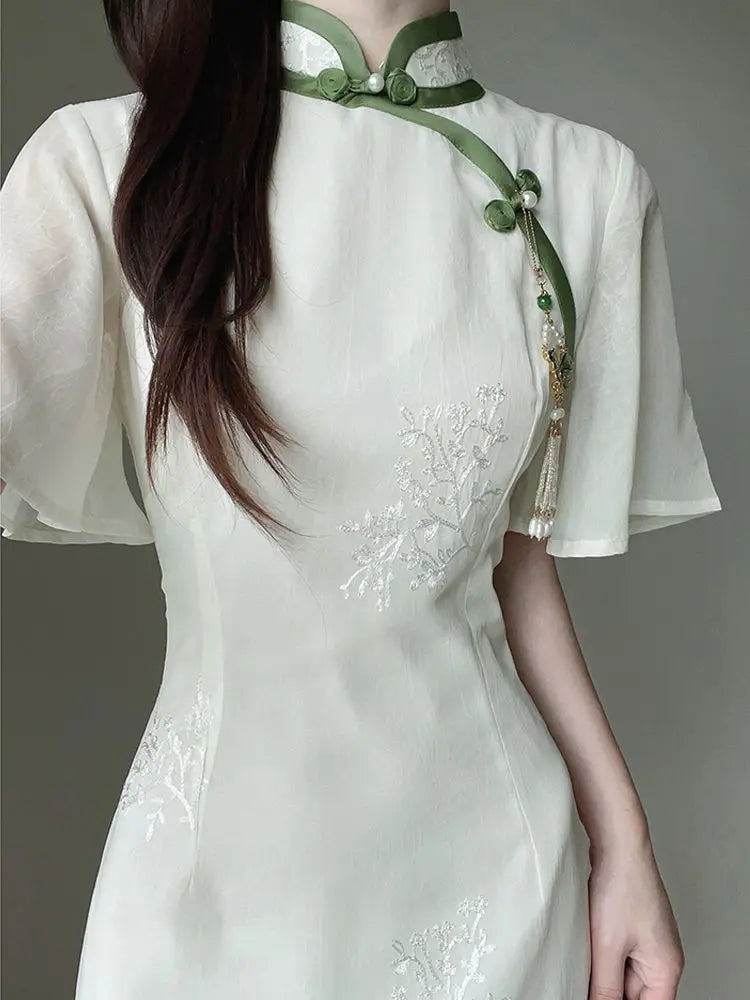 2024 Summer Chiffon Cheongsam New Elegant Embroidery Qipao Short Sleeve Vintage Dress Slim Female Costumes Qipao S To XXL - Seprincess