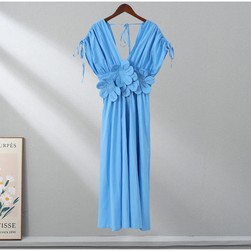 Summer Elegant Pleated Bow V Neck Blue Long Dresses For Women 2024 New Off Shoulder Sleeveless Maxi Dress Ladies Vacation Robe - Seprincess