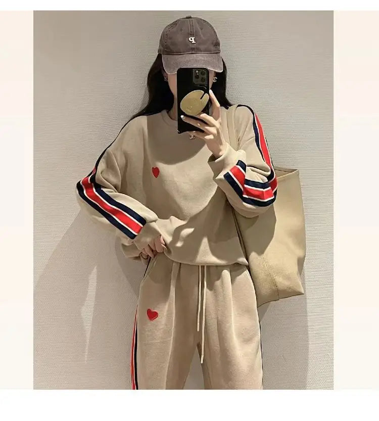 Autumn Cute Love Embroidery Pant Sets Two Pieces Tracksuits Khaki Side Striped Sweatshirt Women Girls Loose Sporty Korean Style - Seprincess