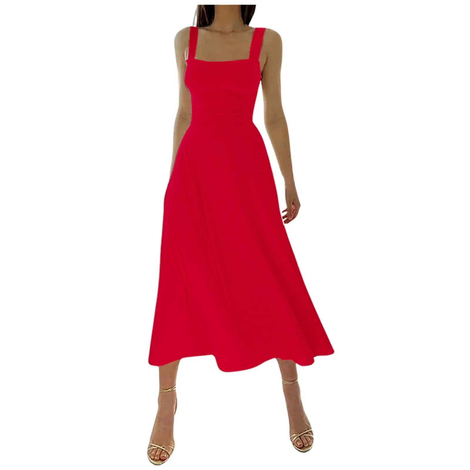 Casual Simple Solid Sundress Women High Waist Sleeveless Slash Neck Midi A-line Dress Oversized White Black Red Long Dresses - Seprincess