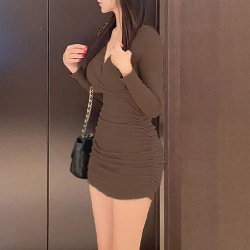 Long Sleeved Sexy Dress Women Clothing Autumn Winter Tight Fitting Skirt Appear Thin Wrap Buttocks Dresses - Seprincess