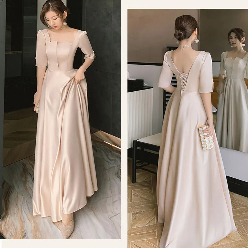 4 Styles Satin Solid Bridesmaid Dress Women Elegant Floor Length Slim Fit Spliced Tulle Puff Sleeve Wedding Party Guest Vestido - Seprincess