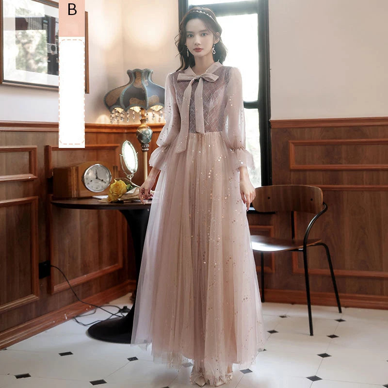 Autumn Winter Bridesmaid Dress New Women's Long Sleeve Corduroy Lace Splicing Style Dress Wedding Sisters Group Evening Dresses - Seprincess