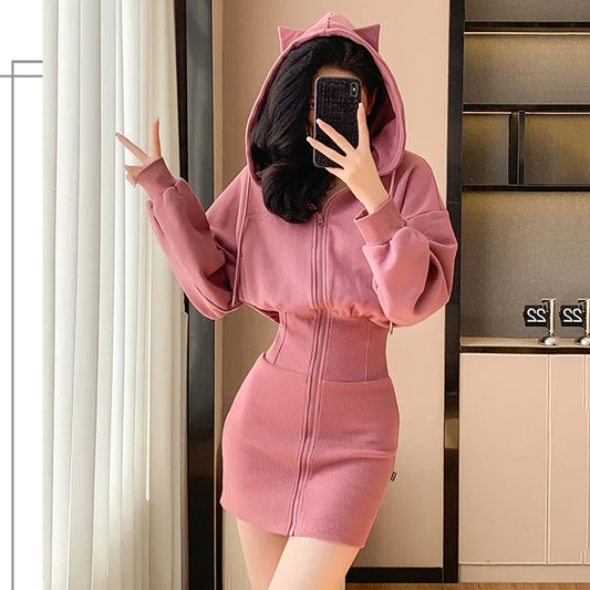 Korean Fashion Hoodie Dress Women Autumn Winter Long Sleeve Cat Ear Mini Dress Bodycon Dress Vestidos - Seprincess