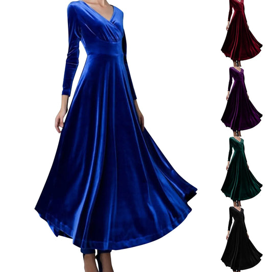 Autumn Velvet Maxi Dress Women Winter Long Party Dress Ladies A Line Velour Elegant Dress for Women V Neck Gold Velvet Dress - Seprincess