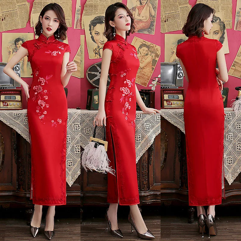 Silk Embroidered Long Cheongsam 2023 New Lace Edge Improved Qipao Chinese Style Evening Dresses Woman Ceremony Dress