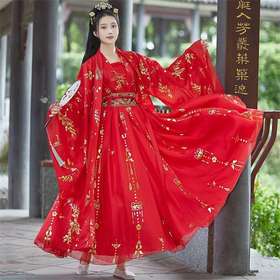 Chinese Hanfu Dress Women Traditional Vintage Hanfu Halloween Cosplay Costume Dance Dress Hanfu Gradient Red white 4pcs Sets - Seprincess