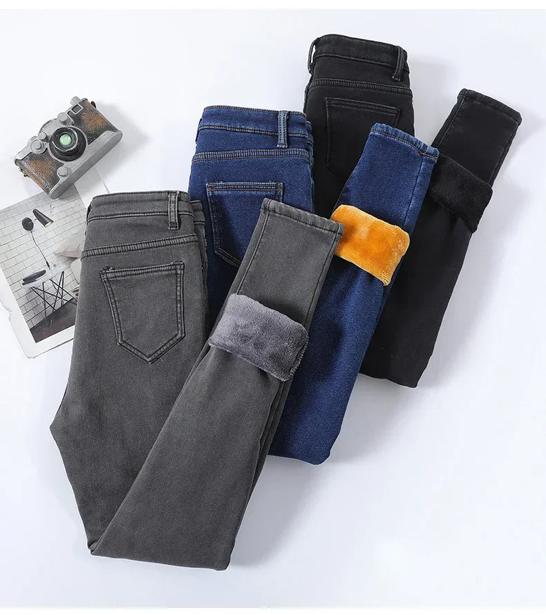 Skinny Women's Warm Jeans Winter Thicken Fleece Stretch High Waist Pencil Pants Fashion Korean Black Blue Gray Velvet