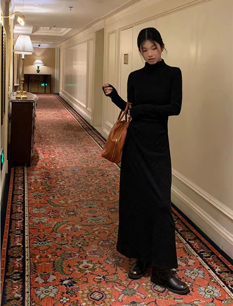 Autumn Half Turtleneck Dress Women Korean Elegant Black Hepburn Style Midi Dress Y2K High Waist Long Sleeve Warm A Line Vestidos - Seprincess