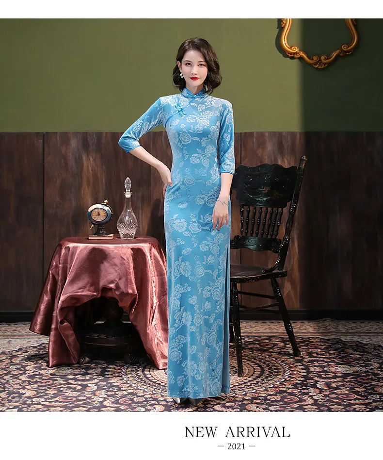 Blue White Porcelain Qipao Elegant Female Cheongsams Sexy Split Chinese Style Dress Summer Satin Vestidos Plus Size 4Xl 5Xl - Seprincess