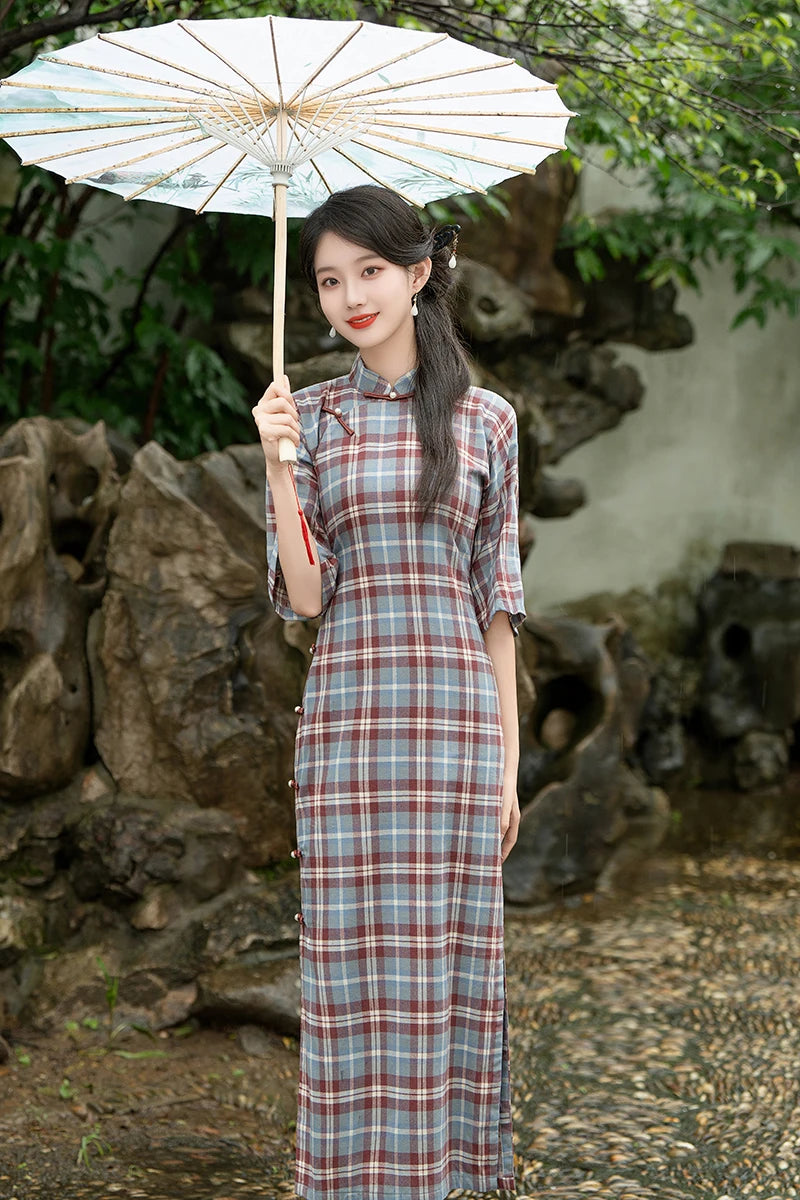 2024 Chinese Vintage Plaid Dress Women Plus Size Cheongsam 100% Cotton Qipao Long Improve Traditional Dresses 23622 - Seprincess