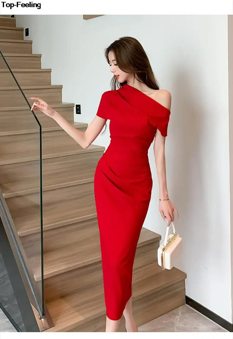 Elegant Off Shoulder Evening Party Dresses Women Summer Fashion Slim One Piece Solid Vestidos Korean Graduation Robe Clothing - Seprincess