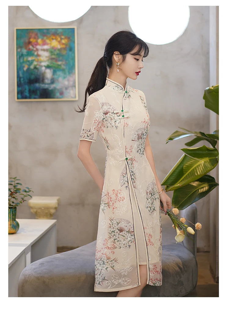 Retro Traditional Chinese Short Sleeve Cheongsam Clothing for Women Summer Modern Elegant Qipao Evening Dress - Seprincess