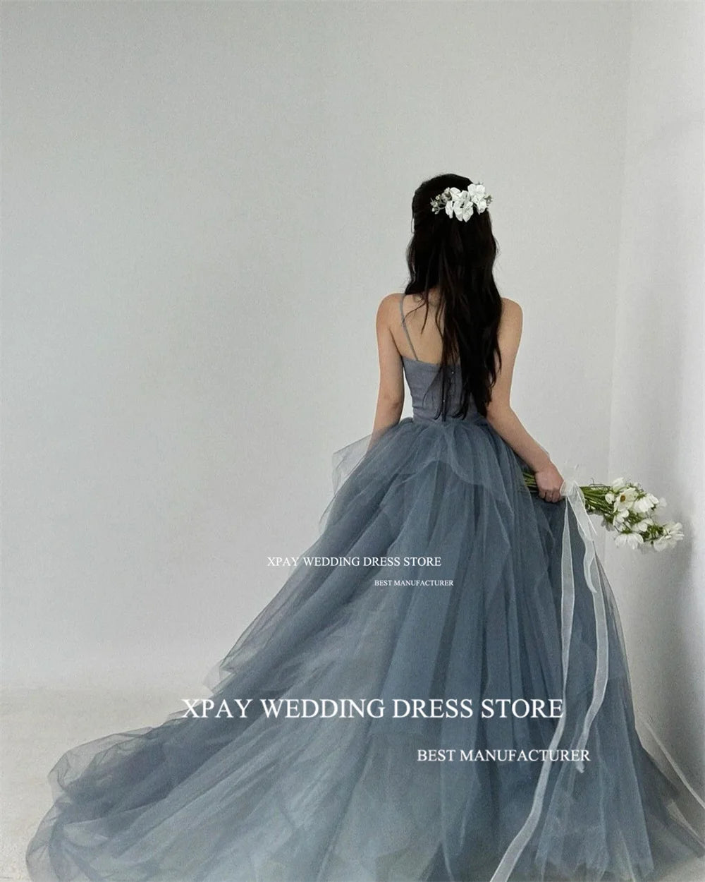 XPAY Elegant Dusty Blue Korea A Line Evening Dresses Photo Shoot Ruffles Tiered Fairy Tulle Evening Gown Corset Prom Party Dress - Seprincess