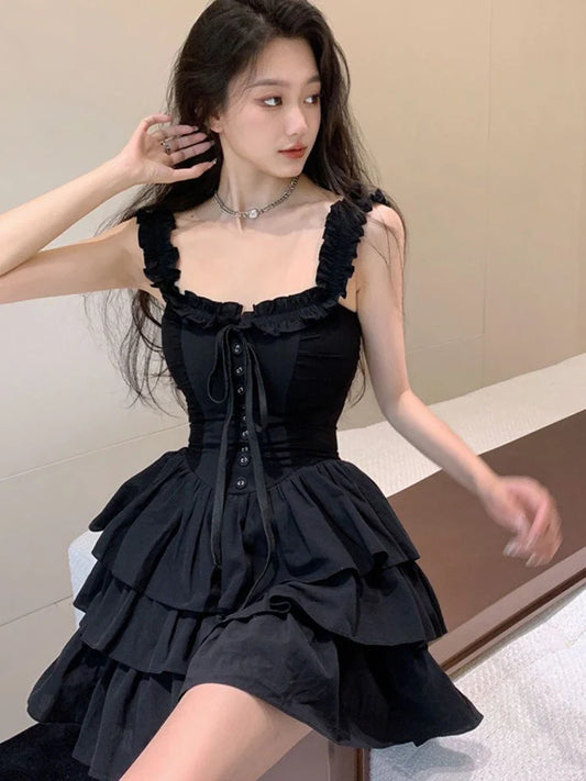 Jmprs Sexy Slip Lolita Style Black Dress Women Vintage Sleeveless Y2K Mini Dress Summer Slim Sweet Korean Lace Up Cake Dress New - Seprincess