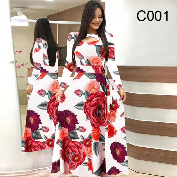 Spring /Autumn Fashion Flower Long Sleeved O-Neck Hollow Slim Fit Dress Women Elegant Long Vestido Maxi Clothes Robe Sexy Femme - Seprincess