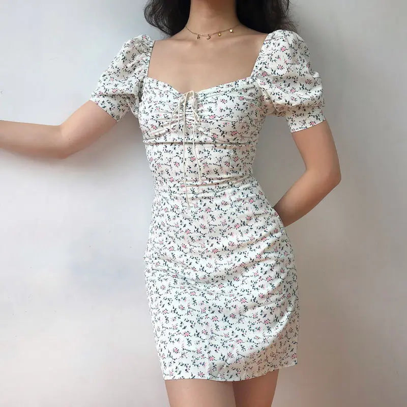 Y2K Floral Mini Dress Women Bandage Lace Puff Sleeve Summmer Skinny Slim Bodycon Prom Party High Waist Vintage Dresses Woman - Seprincess