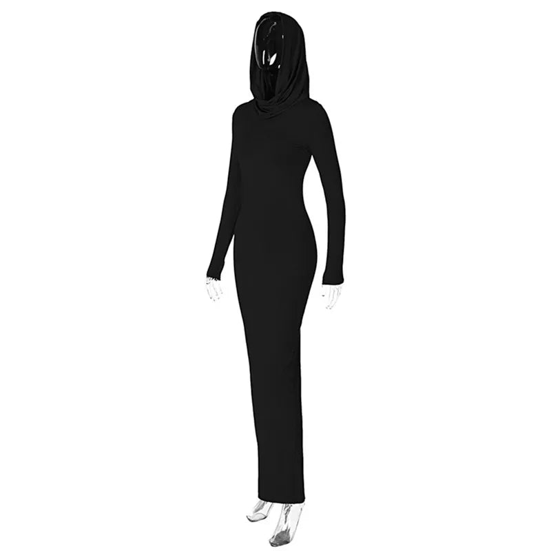 Simenual Solid Casual Hooded Long Sleeve Maxi Dress Fashion Elegant Women Hem Split Bodycon Dresses Y2K Basic Trim Streetwear - Seprincess