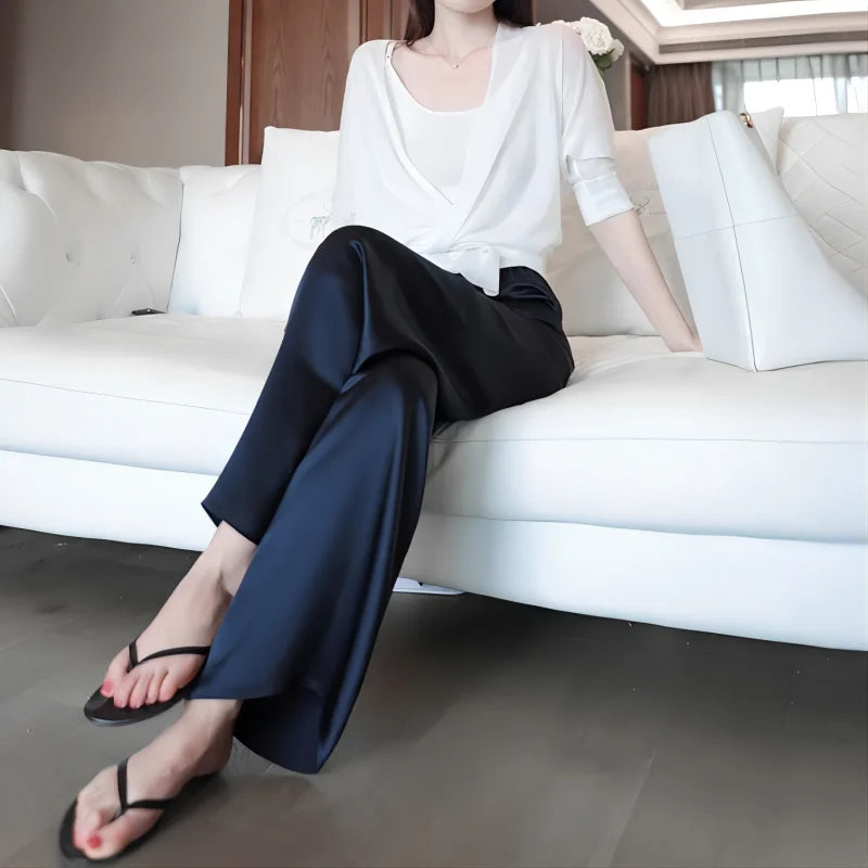 Summer Autumn Women's Pants Loose Classic Black Straight High Waist Casual Silk Satin Wide Leg Trousers for Women drape effect