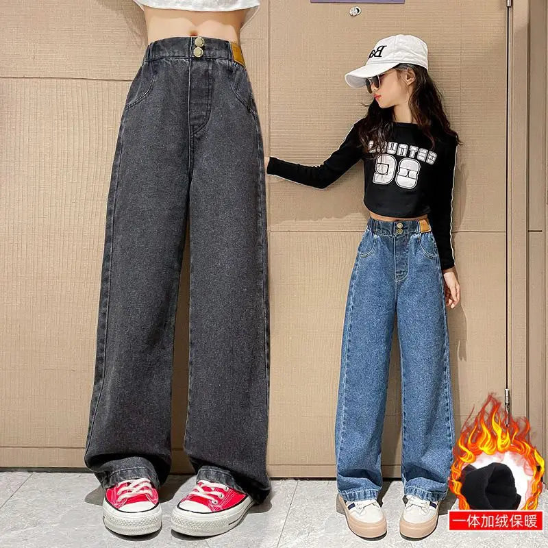 Young Girls Jeans 2024 New Fashion Jeans Wide Leg Pants Autumn Winter  Fleece Thick Warm High Waist Baby Hot Sale Casual Trouser