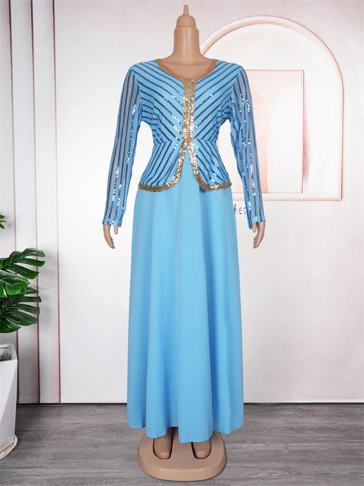 Long Sleeve Chiffon Dresses For Women African Dashiki Sequin Robe Dubai Abaya Wedding Party Birthday Gown 2024 Autumn Clothing - Seprincess