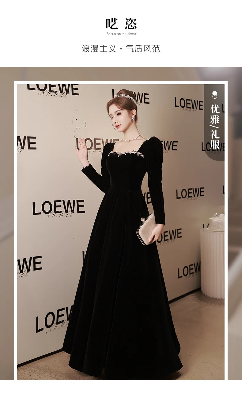 Black new light luxury small temperament banquet velvet long-sleeved dress - Seprincess