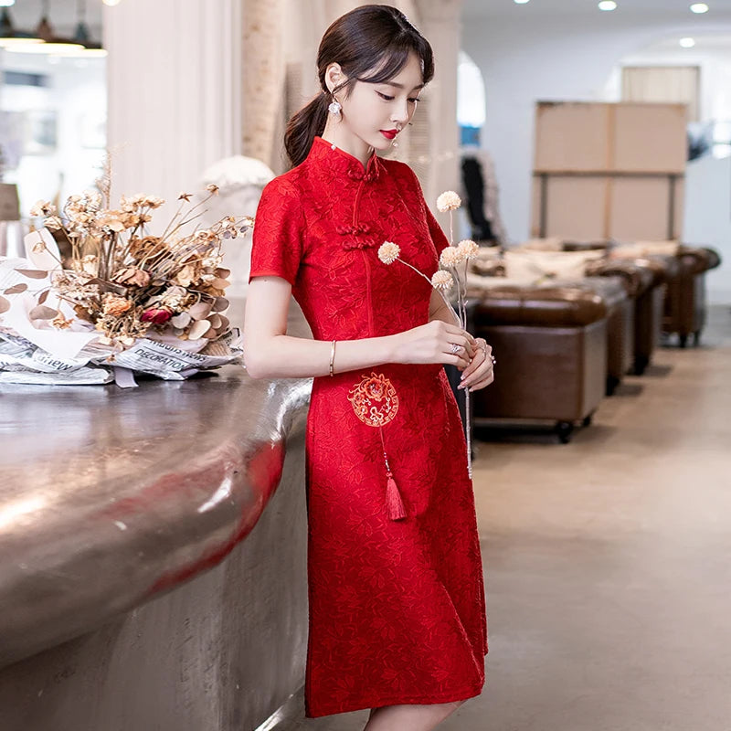 Chinese Traditional Retro Red Modern Improved Cheongsam Summer New Short Sleeve Engagement Qipao Dress - Seprincess