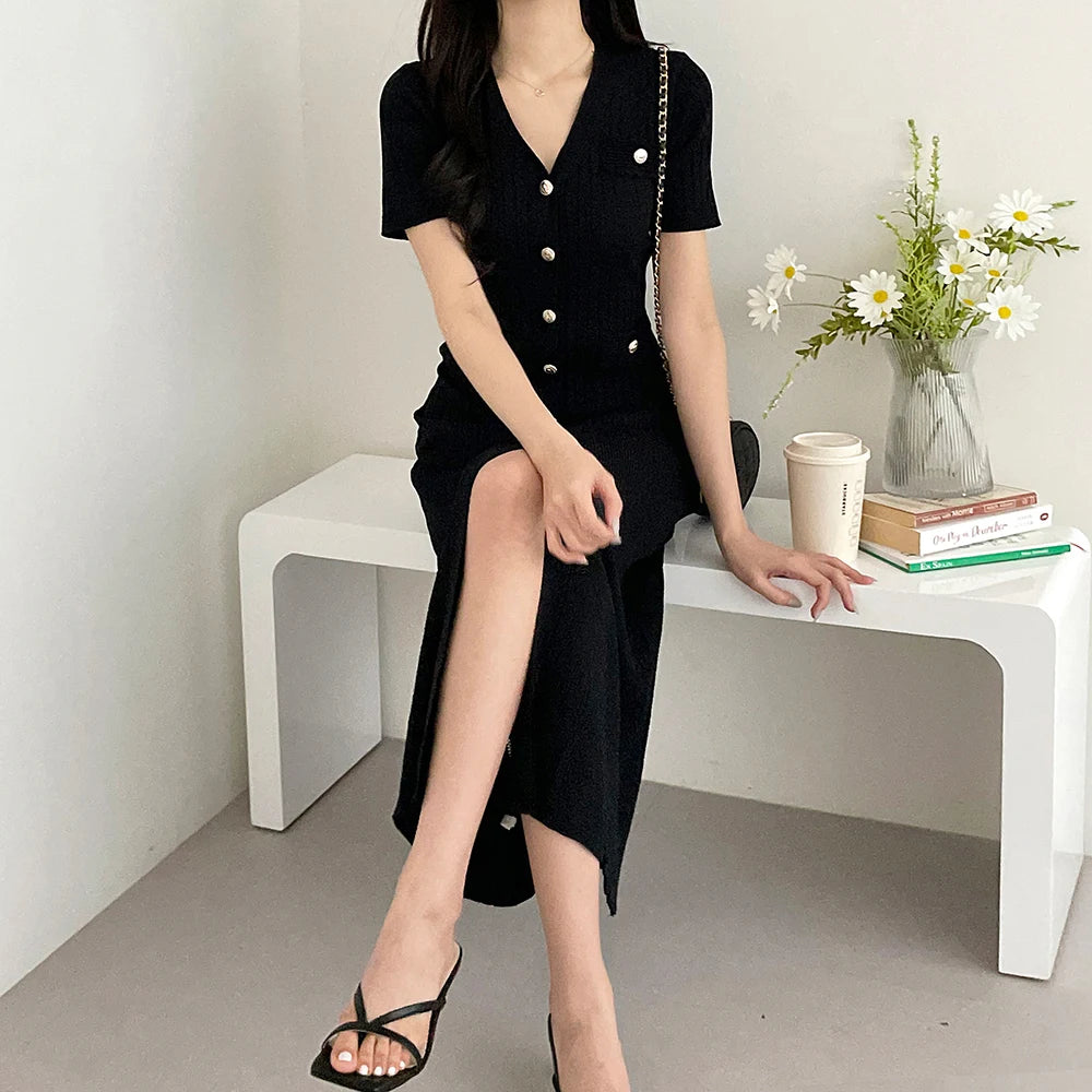 Summer Midi Dress Women Knitted Black Bodycon Korea Style Ruffle Ladies Dresses Elegant Fashion Casual Woman Dress 2024 - Seprincess