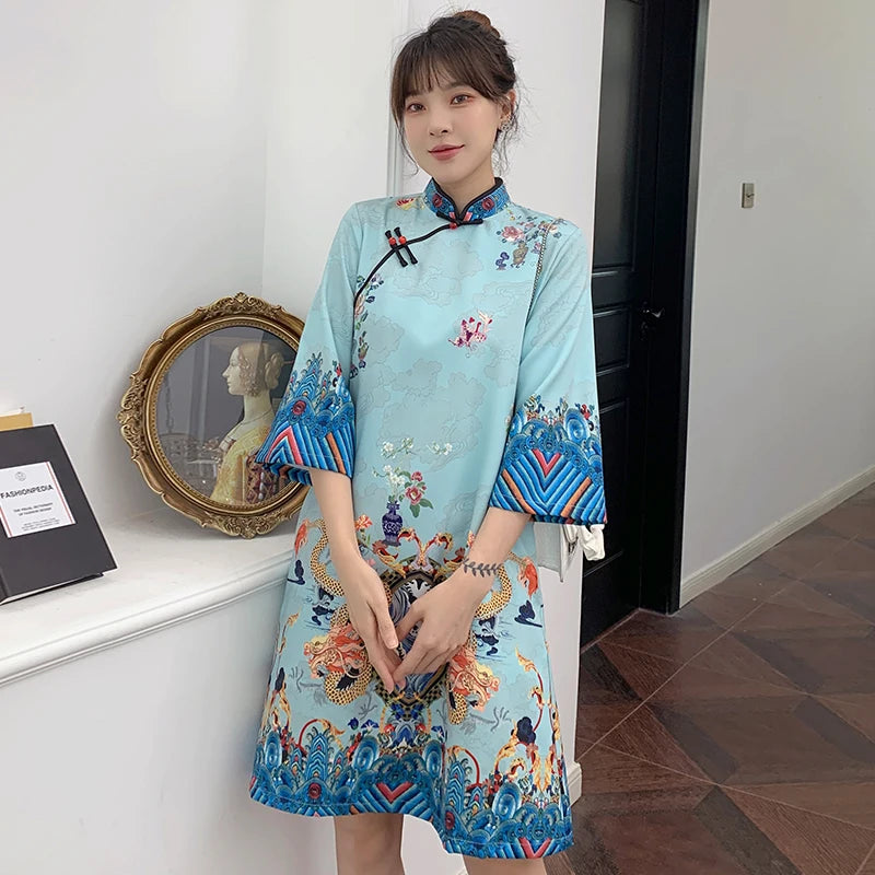 Ins Red Blue Loose 2021 New Fashion Modern Chinese Cheongsam A-line Dress Women 3/4 Sleeve Qipao Traditional Chinese Clothes