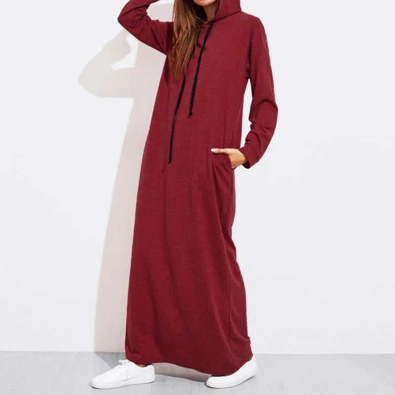 Celmia 2024 Autumn Women Hooded Maxi Dress Casual Solid Long Sleeve Pockets Party Hoodies Dress Long Vestido Robe Drawstring - Seprincess