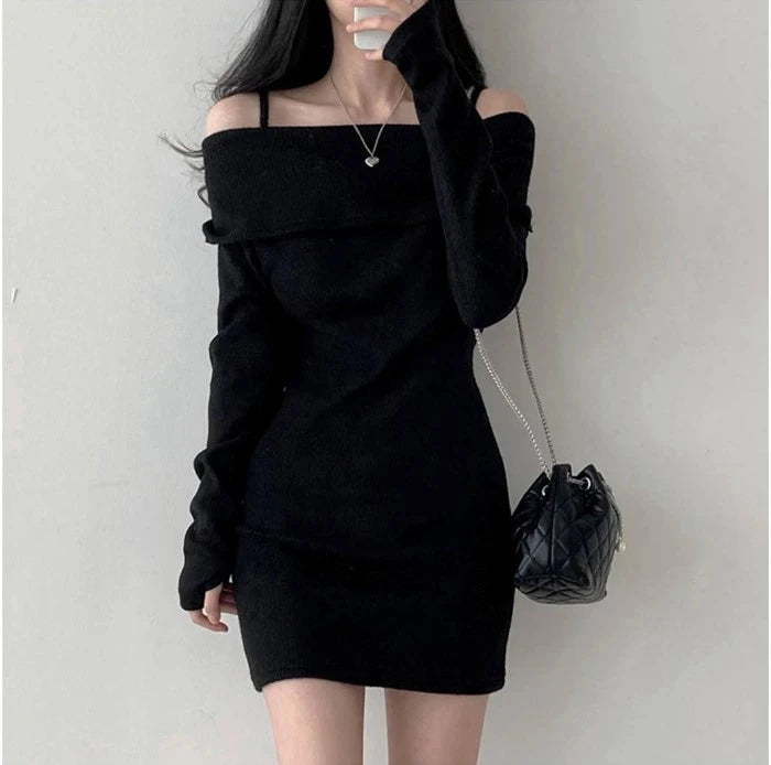 Off Shoulder Suspender Lapel Knit Dress Women Korean Sexy Slim Bottomed Mini Dresses Autumn Winter Solid Suspender Sweater Dress - Seprincess