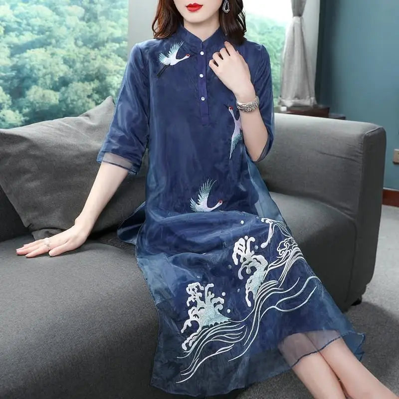 Chinese traditional chiffon cheongsam vestidso vintage embroidery evening party dress oriental loose half sleeve qiapo dress - Seprincess