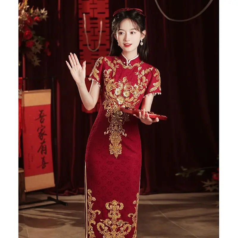 Toast Bride Wedding Dress Luxury Sequin Qipao Long Chinese Women Traditional Vintage Cheongsam Dresses Evening Gown China - Seprincess