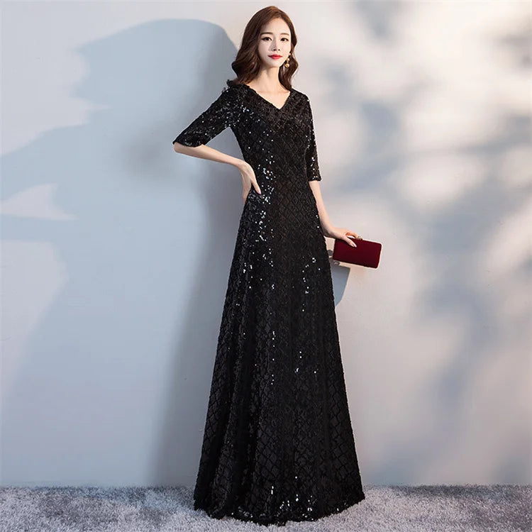 FANIECES Luxury Sequins Party Evening Floor-length Dresses Women Three-Quarter Sleeve V Neck Prom Gown Robe Longue Femme Vestido - Seprincess