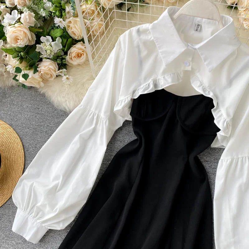 Autumn Women Sexy Black Spaghetti Strap Dress and White Long Sleeve Blouses Crop Tops Korean Fashion Mini Vestidos - Seprincess