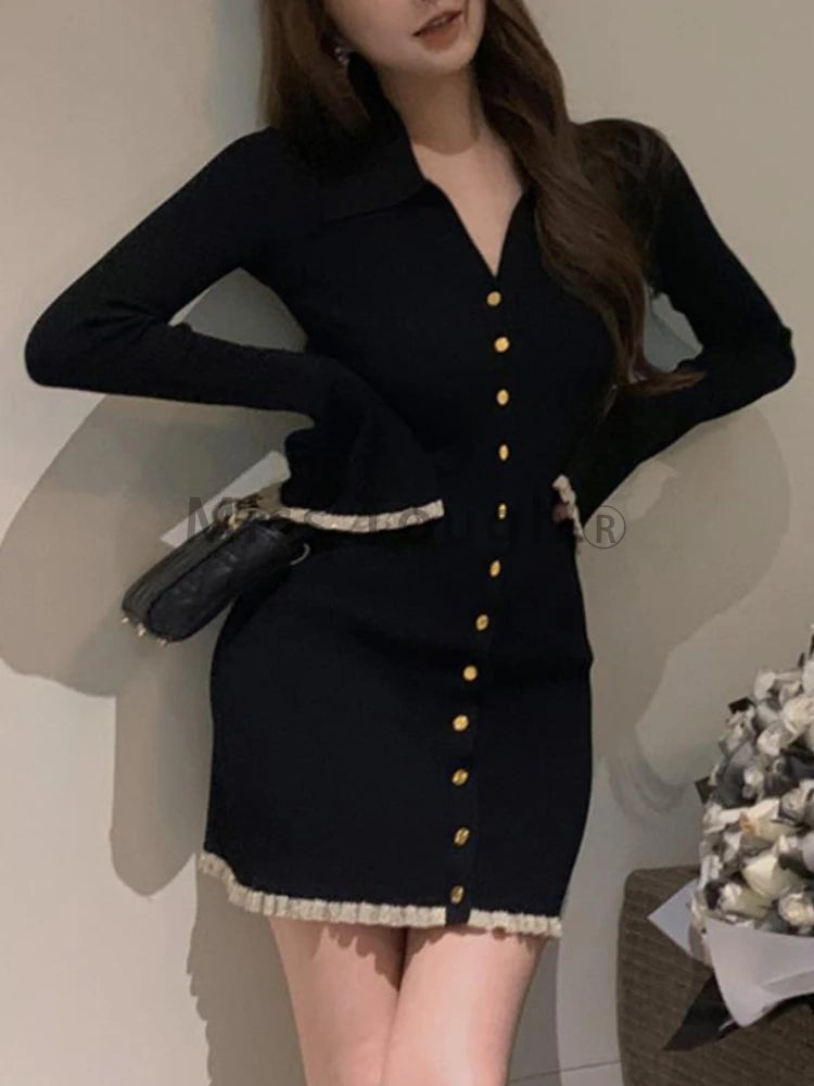 Winter Knit France Vintage One Piece Dress Women Sexy V-neck Elegant Sweater Mini Dress Female Korean Style Chic Dress 2023 New - Seprincess