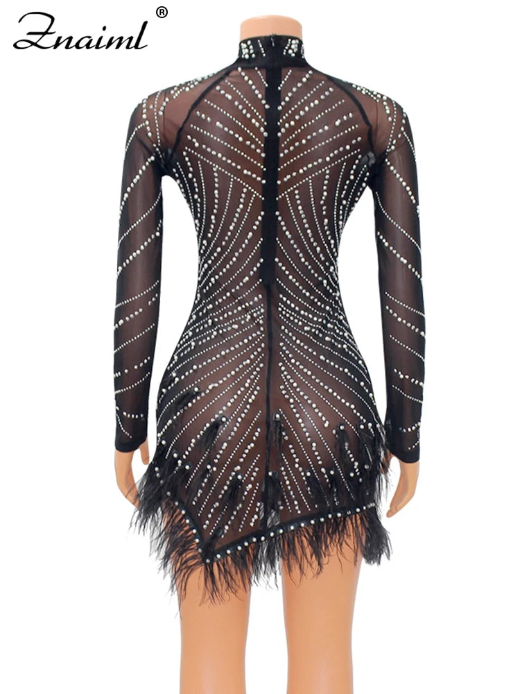 Znaiml Luxury 2023 Evening Celebrity Feathers Sheer Mesh Short Dresses for Women Sexy Pearls Rhinestones Party Birthday Vestidos - Seprincess