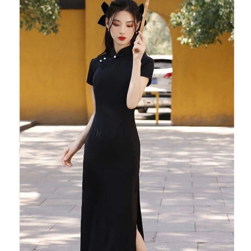 Chinese Dress Qipao Modern Women Black Slim Long Cheongsam Traditional Harajuku Hanfu Robe Orientale Vintage Vestido Mujer - Seprincess