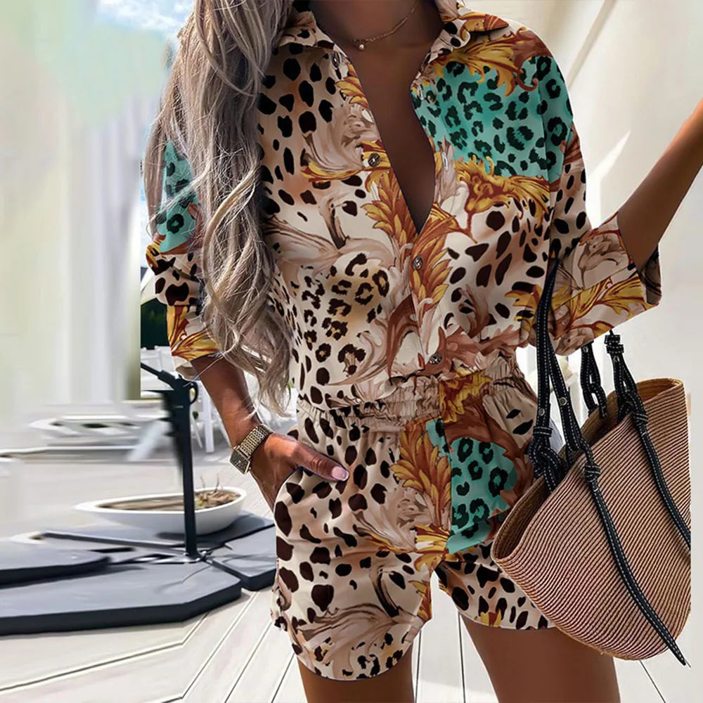 Casual Two Piece Sets Womens Outfits 2023 Spring Leopard Print Button Shirt Top And Shorts 2 Piece Set Summer Beach Shorts Women - Seprincess